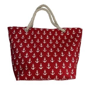 Nautical Anchor Canvas Beach Tote Bag Red White Rope Handles Vintage 15x14 Zip